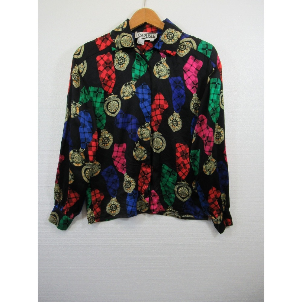Vintage 90s Carlisle Clock Watch Print Silk Blouse Women 4 Long Sleeve